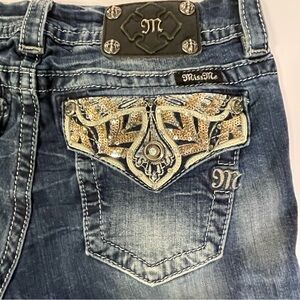 Miss Me Mid-Rise Easy Skinny Jean Women's 27 Blue Embellished Flap Pockets